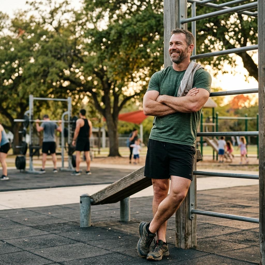Athletic man at outdoor gym representing hormone therapy optimization