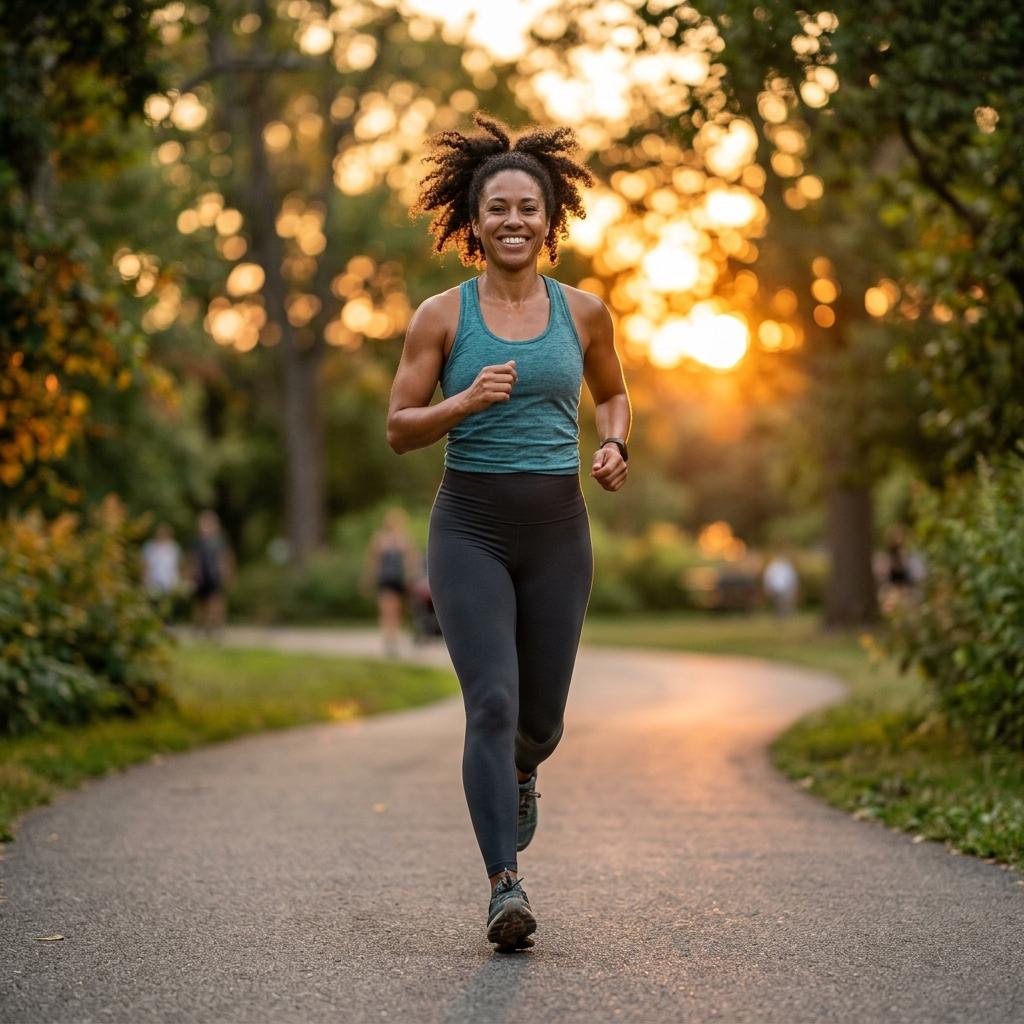 Woman jogging outdoors at golden hour as part of a medically supervised weight loss program
